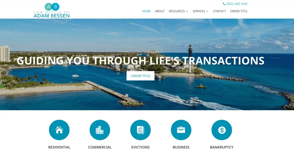 screenshot of a law website's homepage featuring an image of a body of water